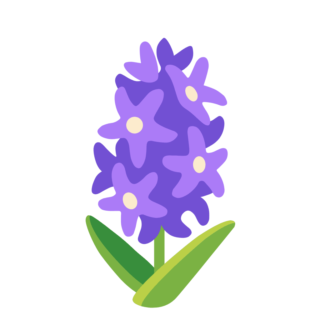 Flat purple hyacinth flower vector graphic featuring star-shaped blooms and green leaves on a white background.