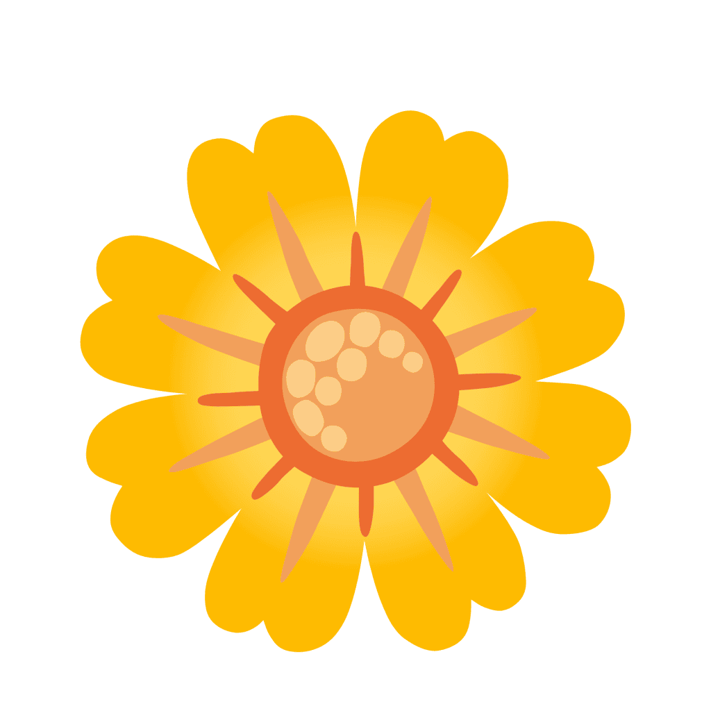 Flat yellow daisy vector graphic featuring heart-notched petals and an orange sunburst center on a white background.
