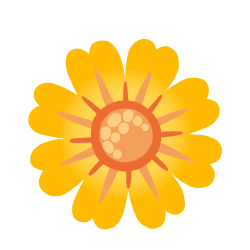 Flat yellow daisy vector graphic featuring heart-notched petals and an orange sunburst center on a white background.