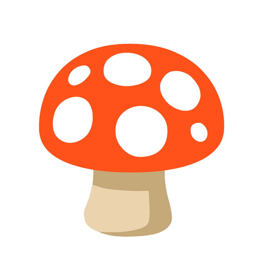Flat red mushroom vector graphic with white polka dots and a tan stem on a clean white background.