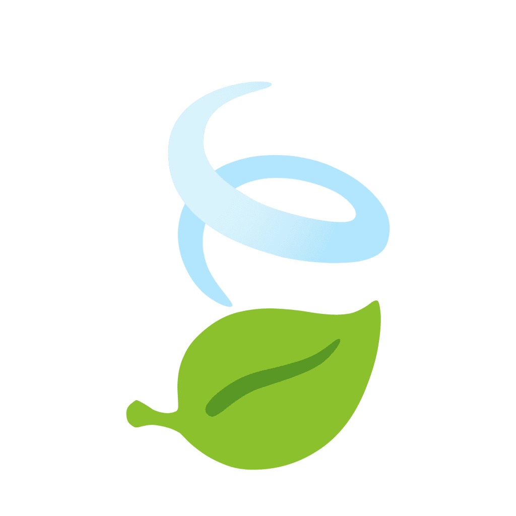 Flat green leaf with a swirling blue wind breeze vector graphic isolated on a clean white background.