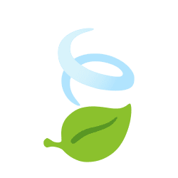 Flat green leaf with a swirling blue wind breeze vector graphic isolated on a clean white background.