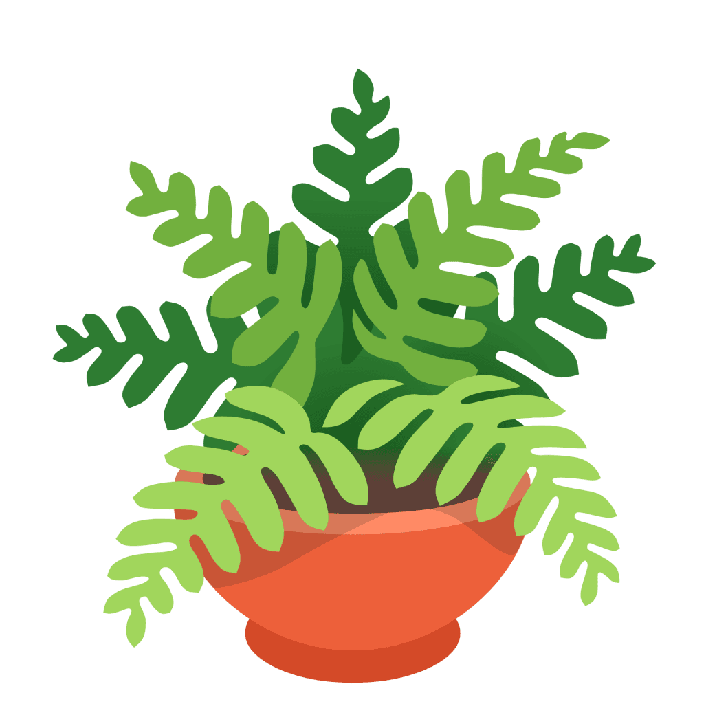 Flat green potted fern plant vector graphic with lush fronds in a terracotta pot isolated on a black background.