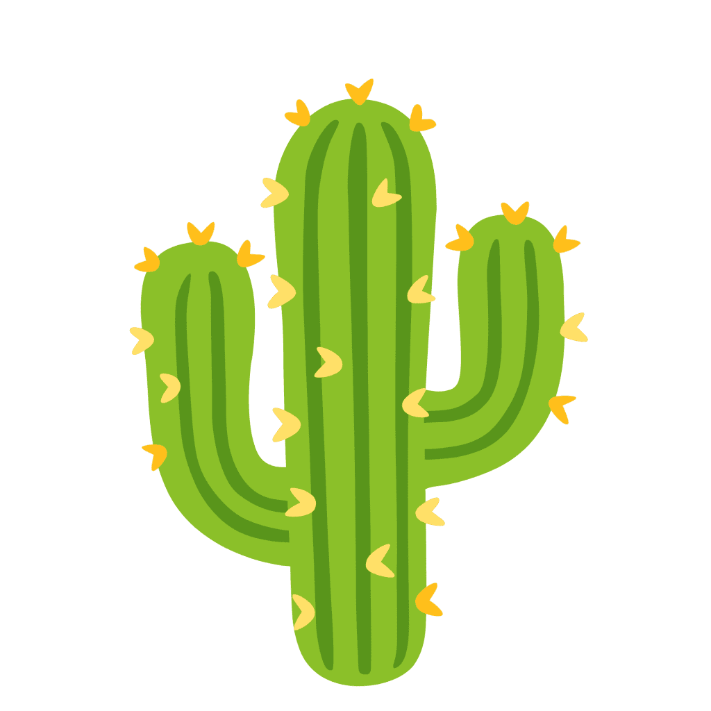 Flat green saguaro cactus vector graphic with yellow spines isolated on a clean white background.