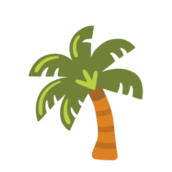 Flat palm tree vector graphic featuring lush green fronds and a curved brown trunk isolated on a white background.