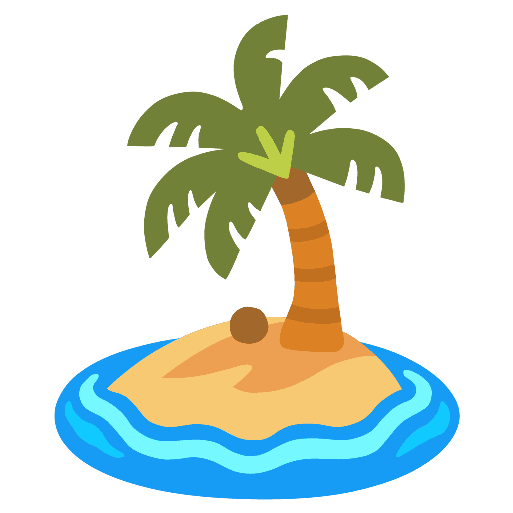 Vector illustration of a tropical palm tree on a small sandy island surrounded by blue sea water.