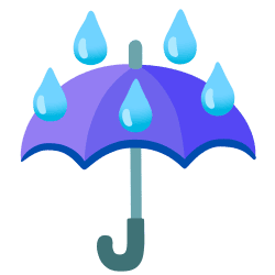 Purple open umbrella with blue raindrops falling on top, representing rainy weather or monsoon season on a white background