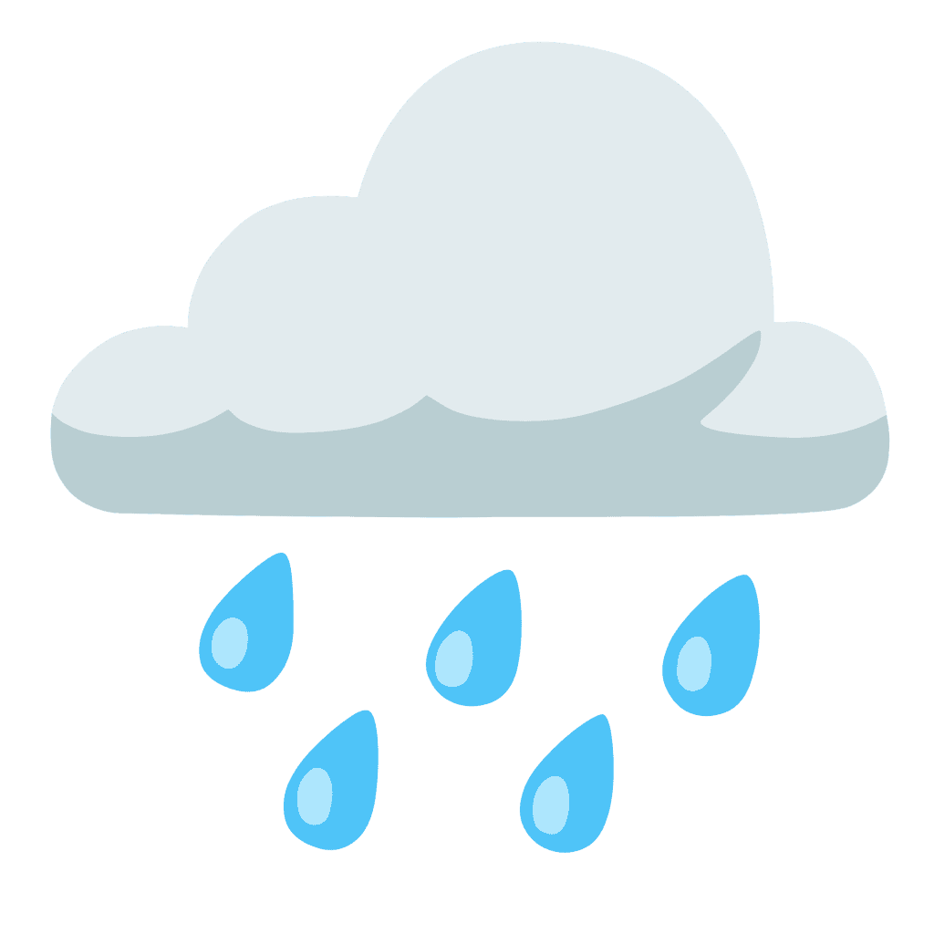 Flat cloud with falling blue raindrops vector icon isolated on a clean white background.