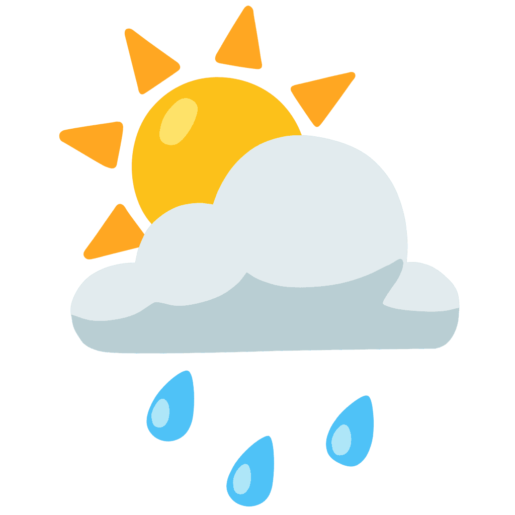 Flat yellow sun behind a cloud with blue raindrops vector icon isolated on a white background.