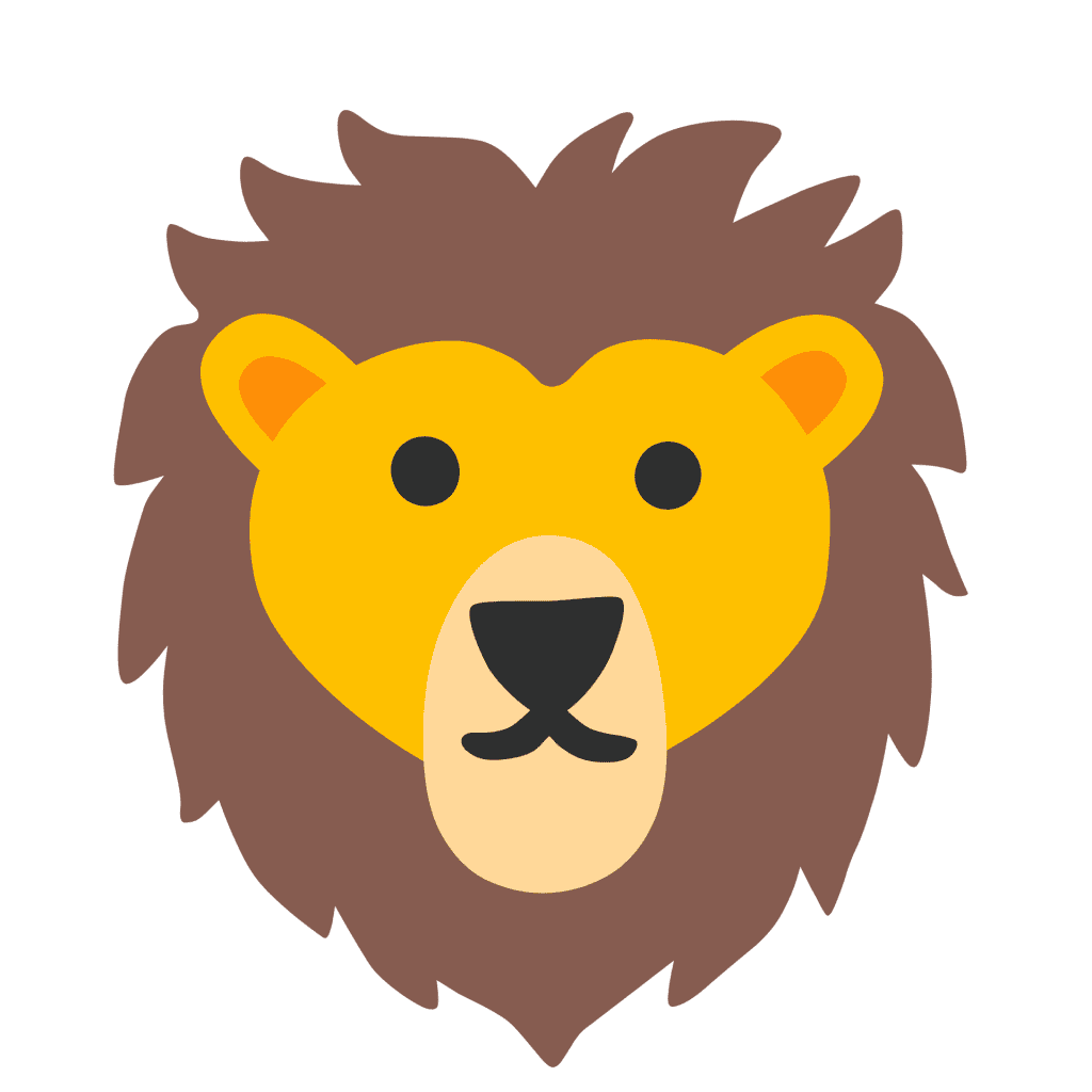 Flat cartoon lion face vector icon with a brown mane isolated on a clean white background.