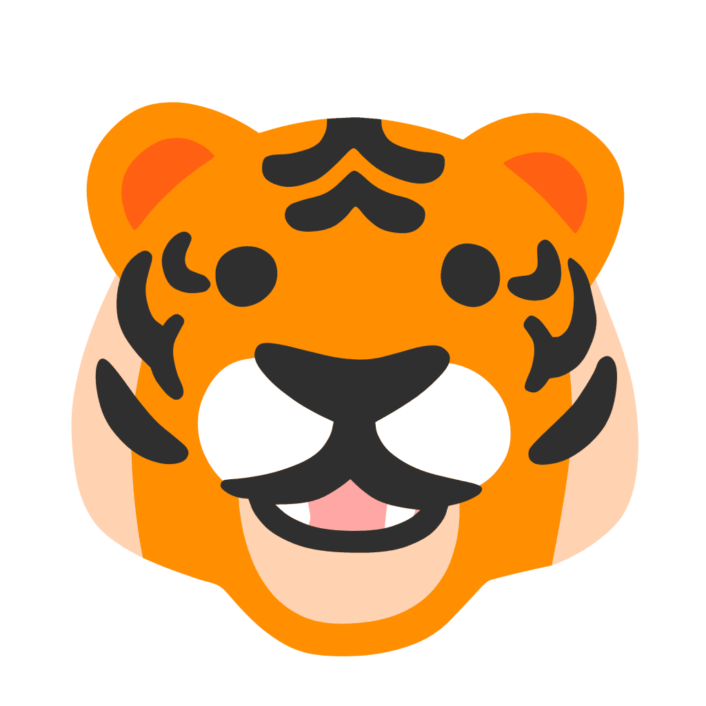 Flat cartoon tiger face vector icon with black stripes isolated on a transparent background.