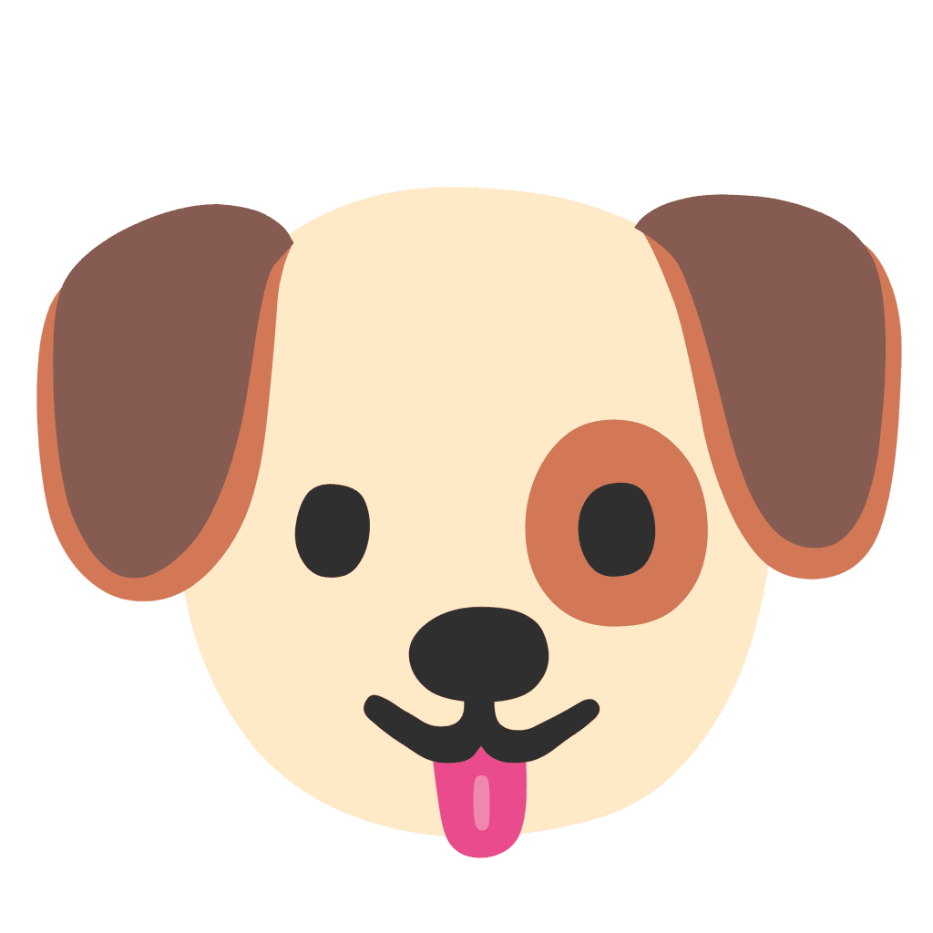 Flat cartoon puppy face vector icon with floppy ears and eye patch isolated on a transparent background.