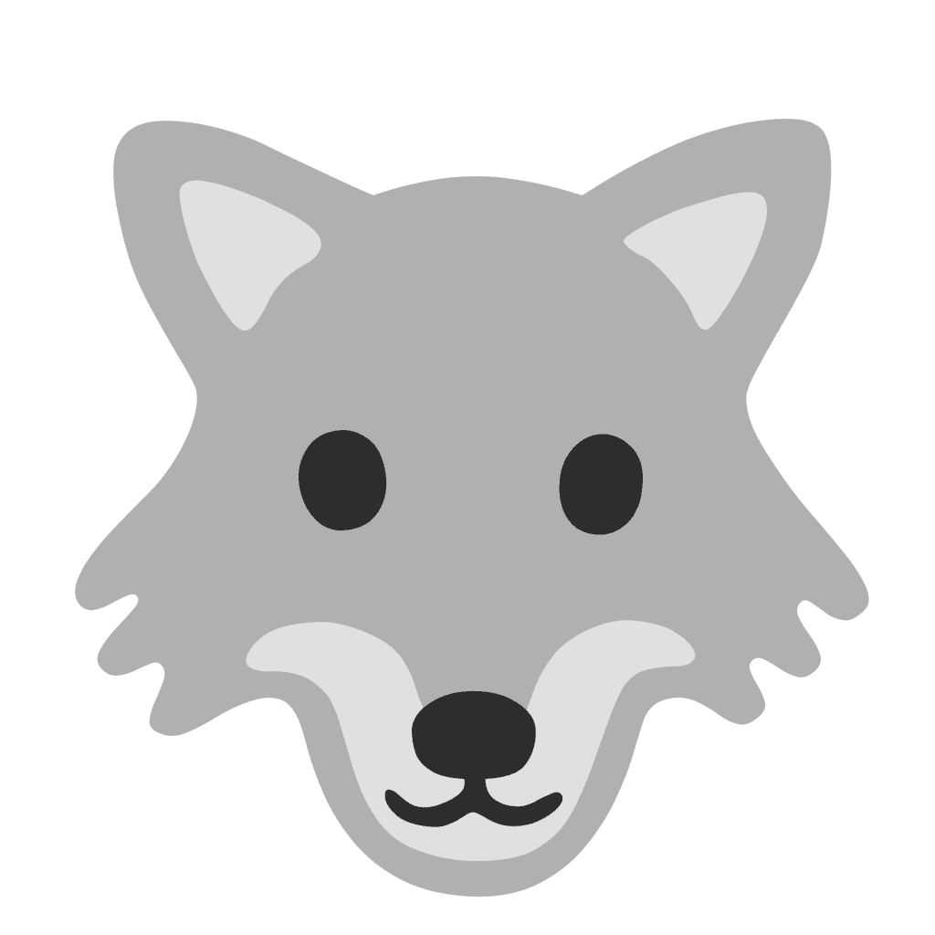 Flat cartoon grey wolf face vector icon isolated on a transparent background.