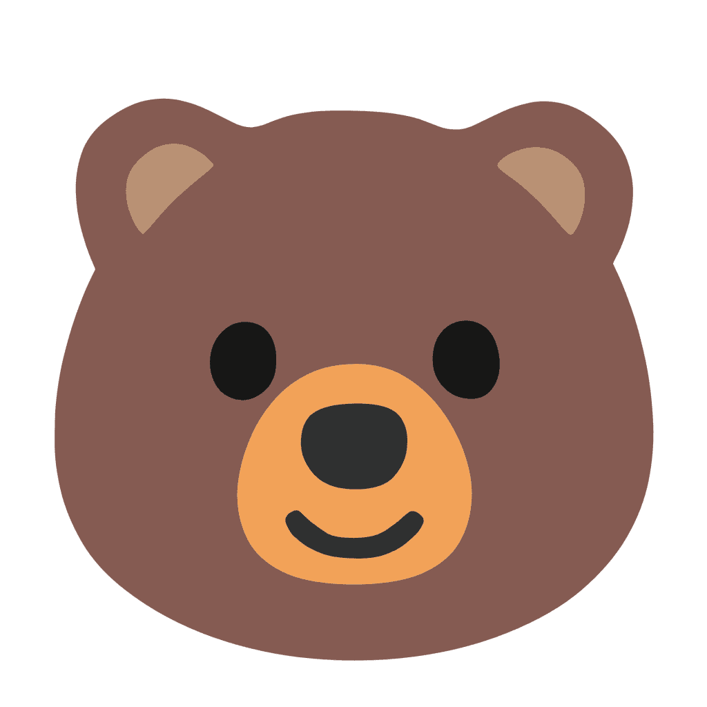 Flat cartoon brown bear face vector icon with a smiling snout isolated on a transparent background.