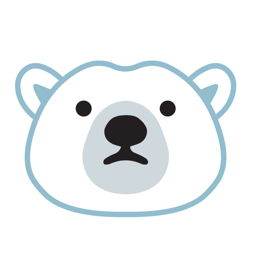Flat cartoon polar bear face vector icon with blue accents isolated on a transparent background.
