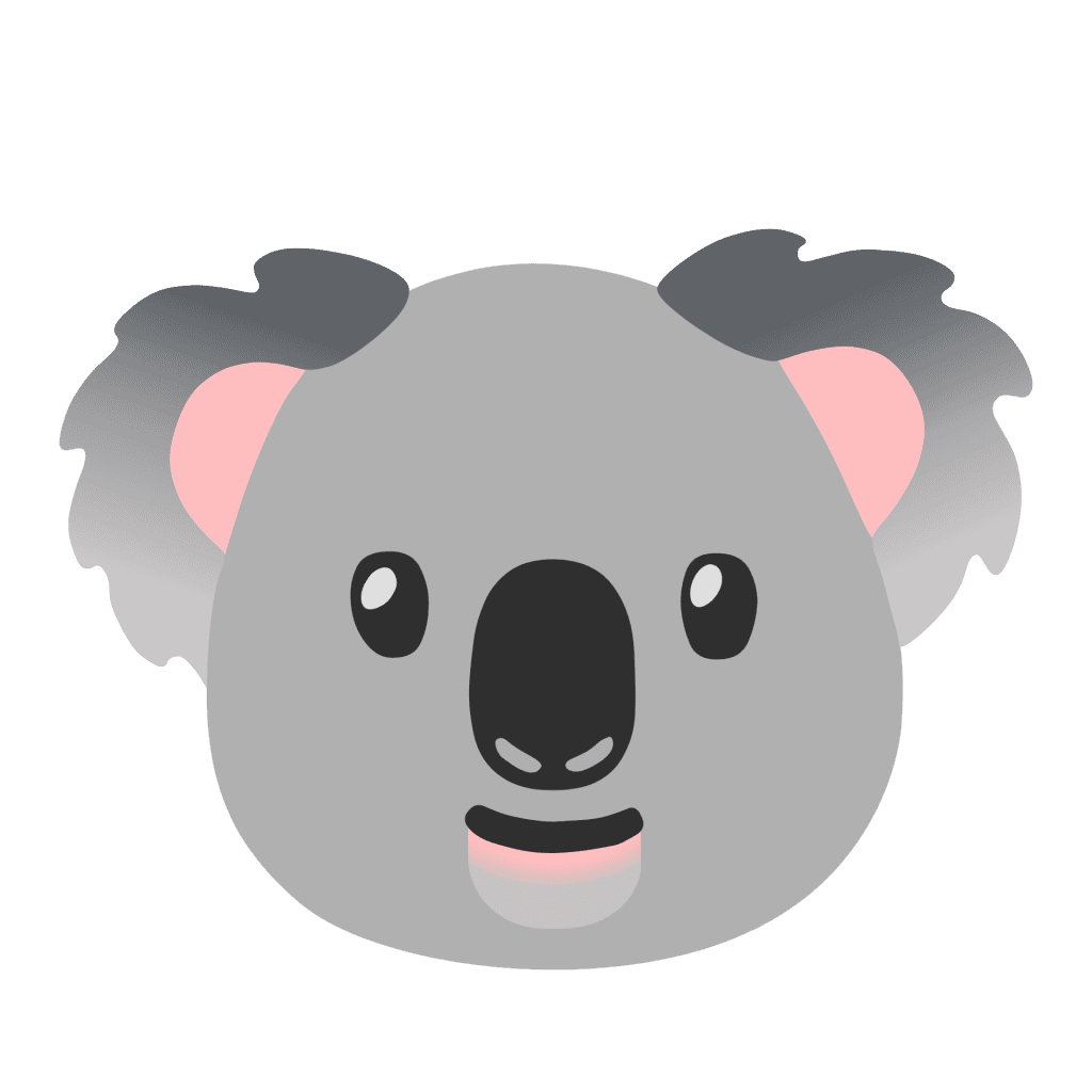 Flat cartoon grey koala face vector icon with fluffy ears isolated on a transparent background.