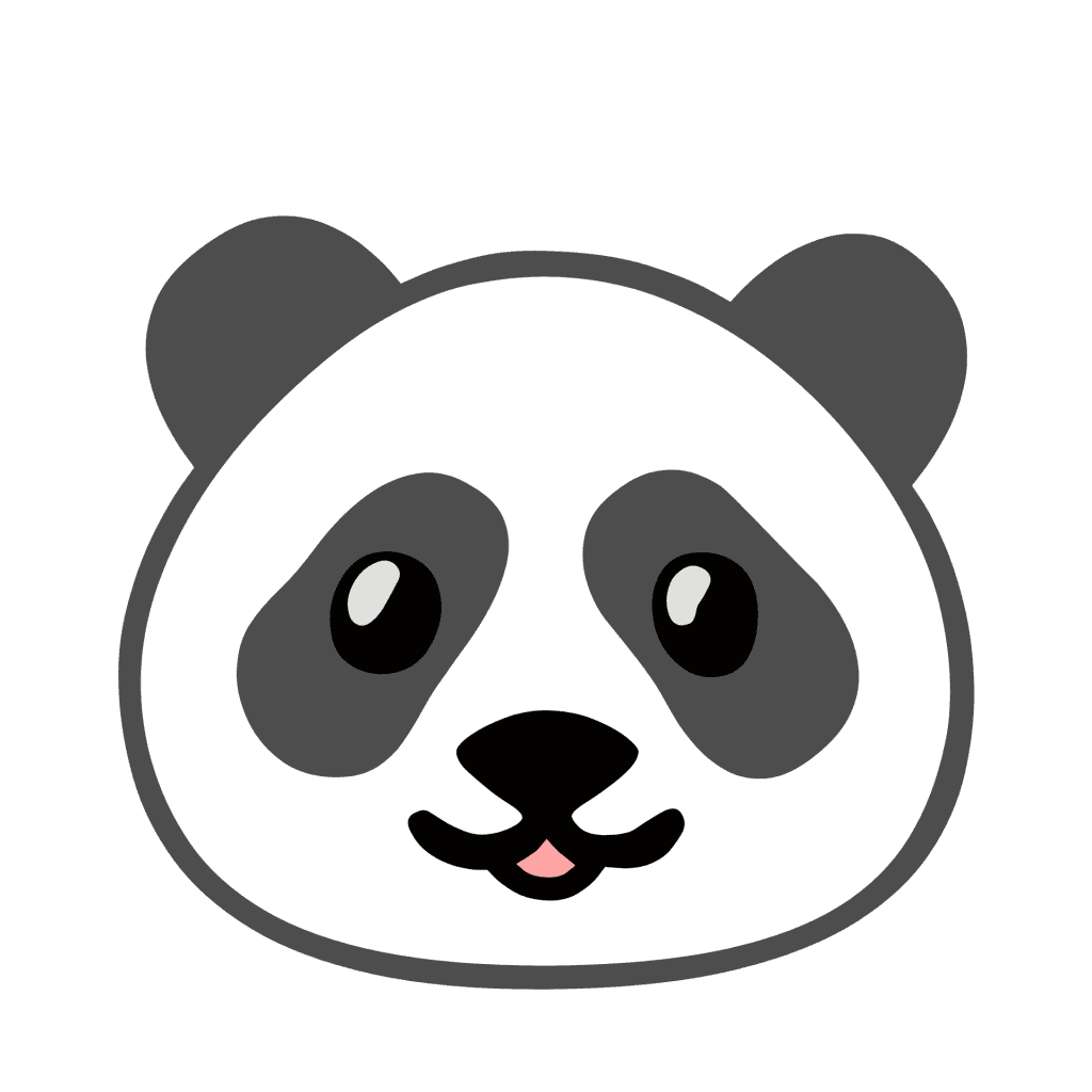 Flat cartoon panda face vector icon with black eye patches isolated on a transparent background.