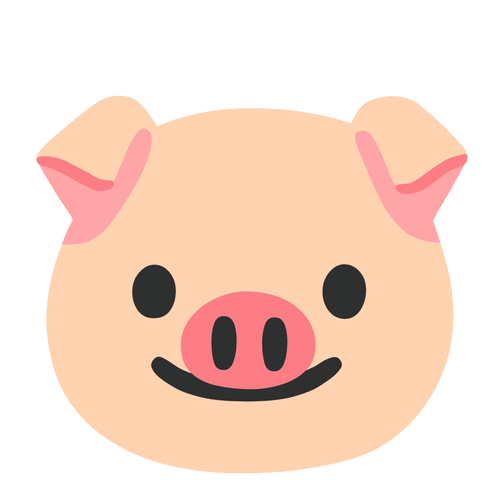 Flat cartoon pink pig face vector icon with a large snout isolated on a transparent background.