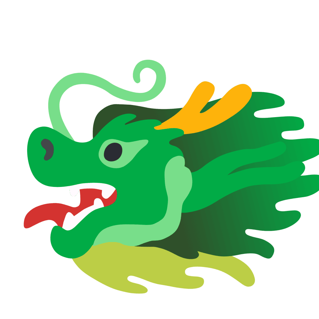 Flat cartoon green dragon head vector icon with yellow horns and open mouth isolated on a transparent background.
