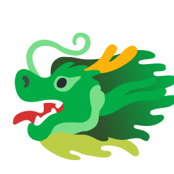 Flat cartoon green dragon head vector icon with yellow horns and open mouth isolated on a transparent background.