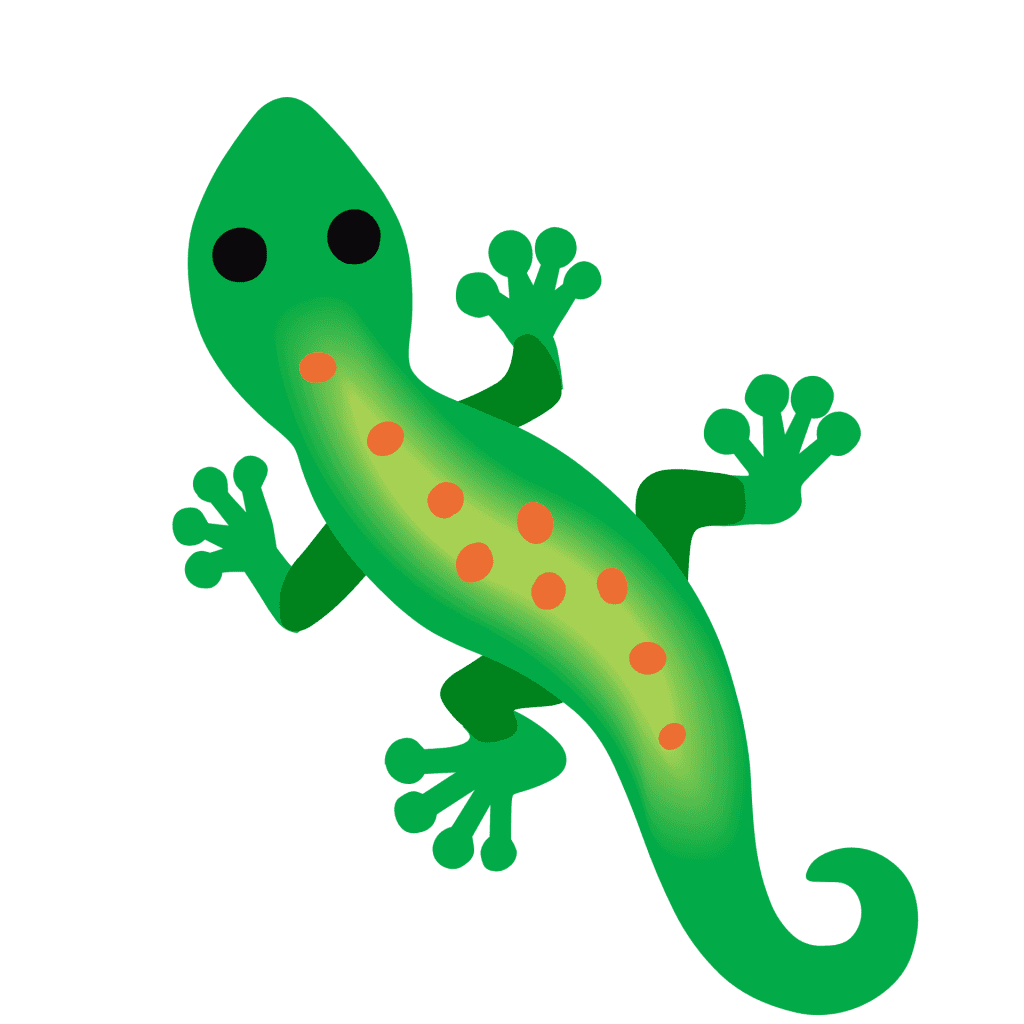Flat cartoon bright green gecko vector illustration with orange spots isolated on a transparent background.