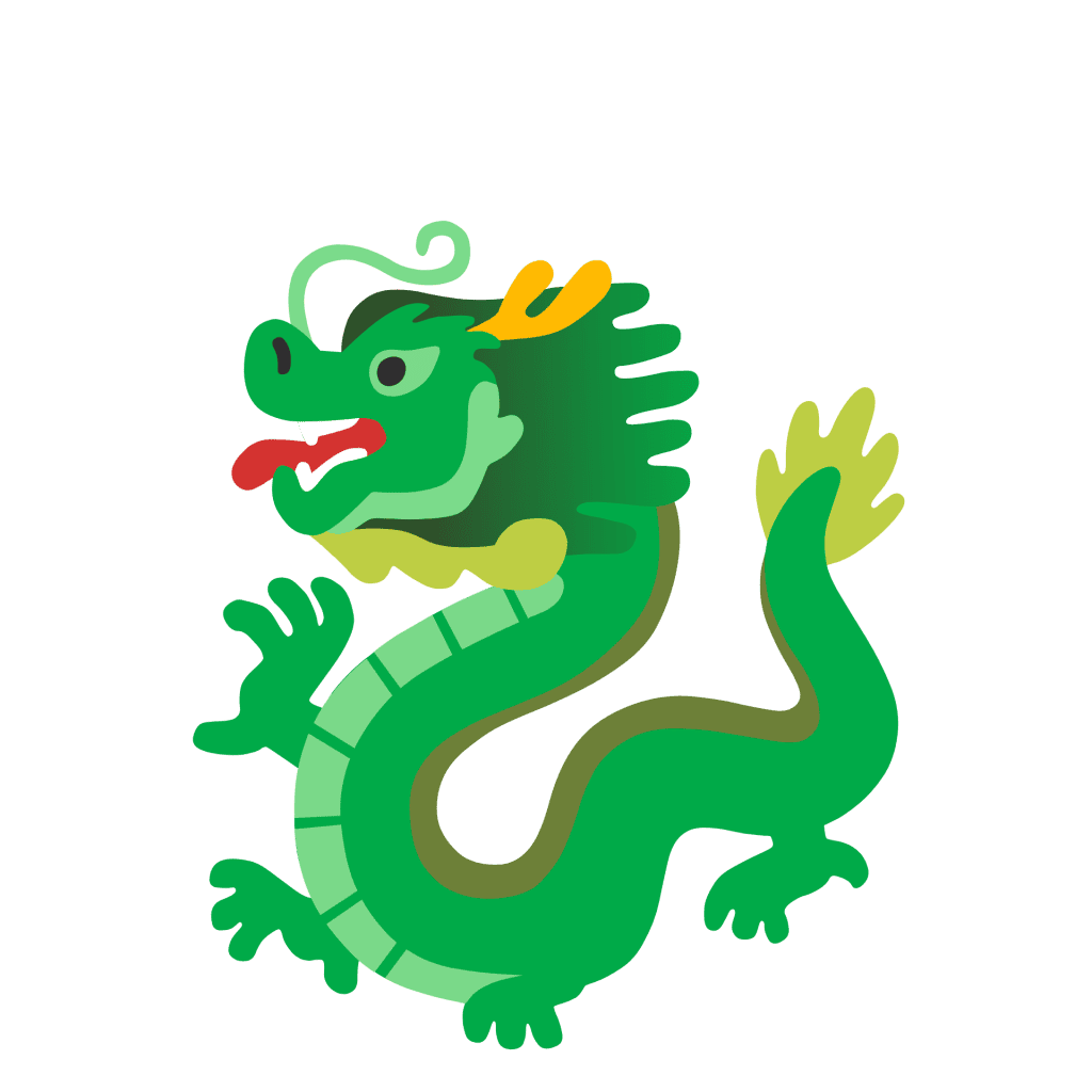 Flat cartoon green dragon full body vector icon with yellow horns and tail isolated on a transparent background.