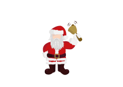 Faceless Santa Claus illustration wearing a red suit and ringing a golden bell on a white background